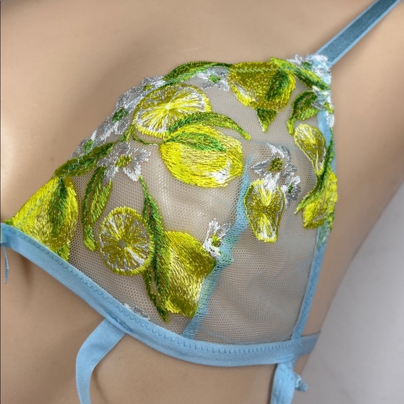 Victoria Secret Lingerie Teddy OnePiece Bodysuit Blue Yellow Floral Lemons Sheer - Picture 5 of 16